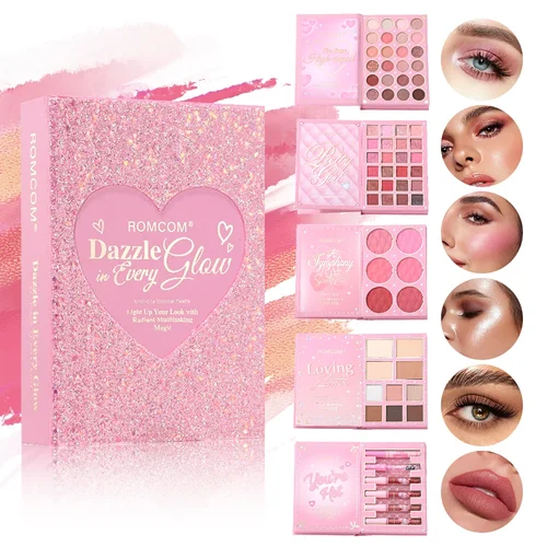 Libro mágico de maquillaje todo en uno de 5 páginas: kit completo con sombra de ojos multiombra, rubor, resaltador, contorno y brillo de labios brillante