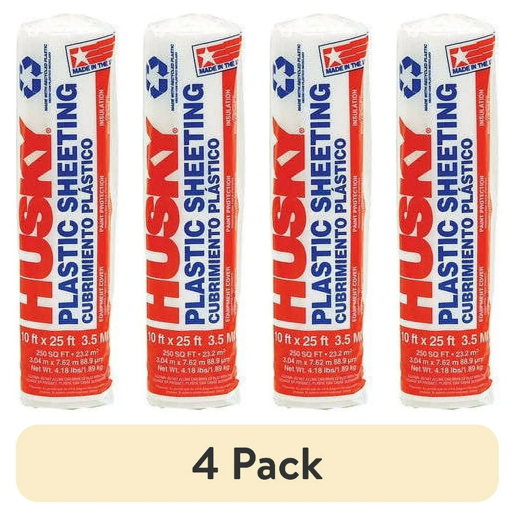 

(4 pack) Husky 3.5 Mil Clear Polyethylene Plastic Sheeting, 10 Ft x 25 Ft, 250 Sq Ft Total