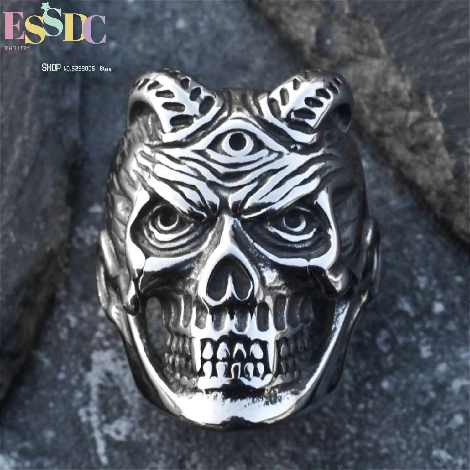 Evil Eye Skull Titanium Steel Ring For Men Gothic Punk Hip Hop Street Adjustable Unisex Dark Jewelry