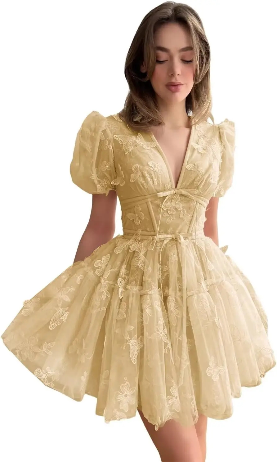 

ButterflyKnot Sweetheart MiniSkirt 3DButterfly Lace Applique Chiffon BackTo School Dress Fluffy Formal Dance Dress for Teenagers