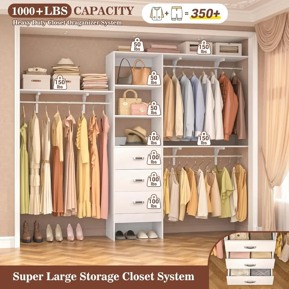 96 Inches Closet System, 8FT Walk in Closet Organizer with 3 Shelving Towers, Heavy Duty Clothes Rack with 3 Drawers, Wardrobes