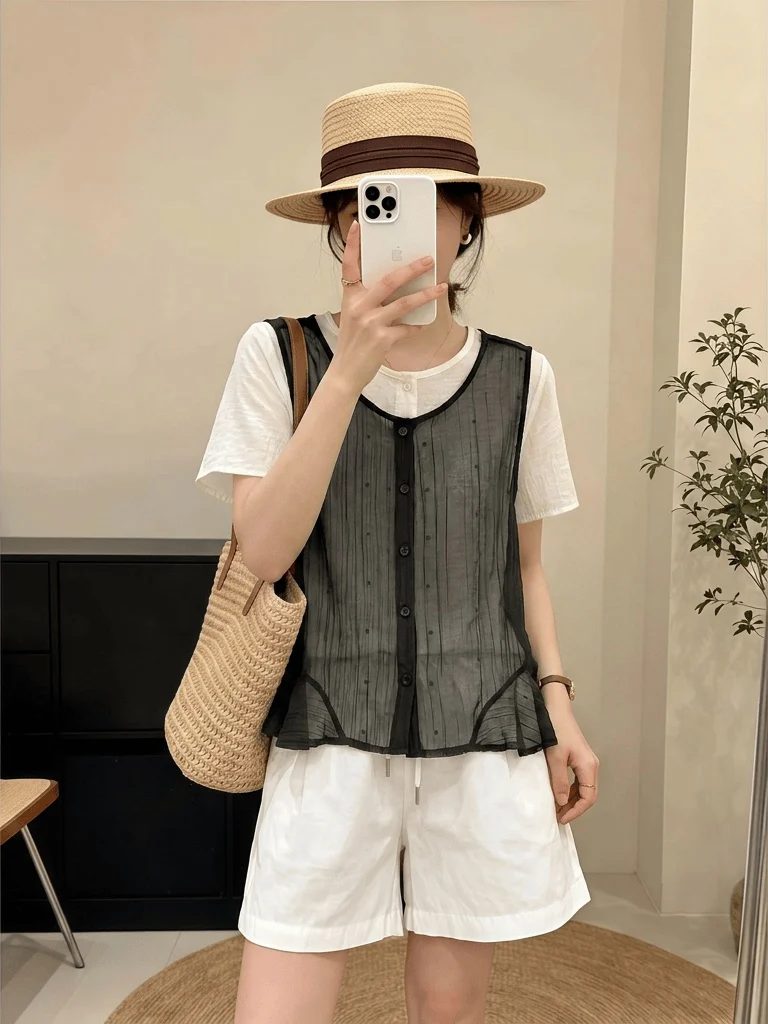 Summer New Polka Dot Mesh Tank Top Short Sleeve Women's Shirt Thin Size Large MM Upper Body Two-Piece Set Commute Style