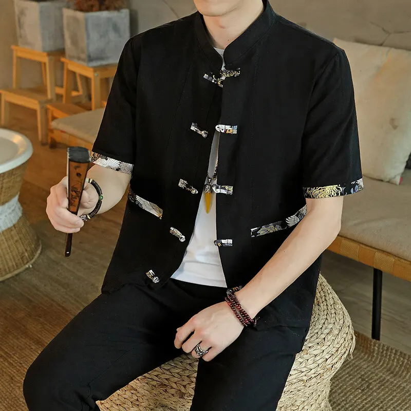 

Chinese style Two-piece set Shirts + cropped pants 2025 summer Sportswear Men's Casual Sets spring Male Fashion