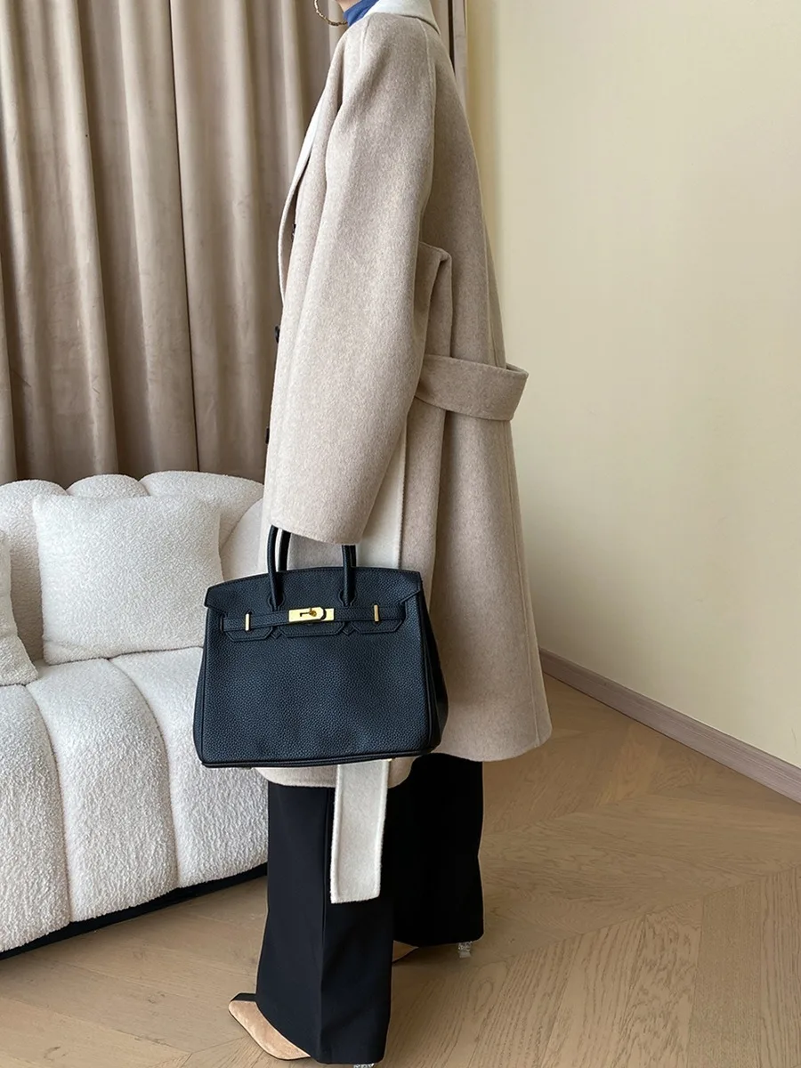 GALCAUR Elegant Patchwork Lace Up Wool Coat For Women Lapel Long Sleeve Spliced Double Breasted Temperament Winter Coats Female