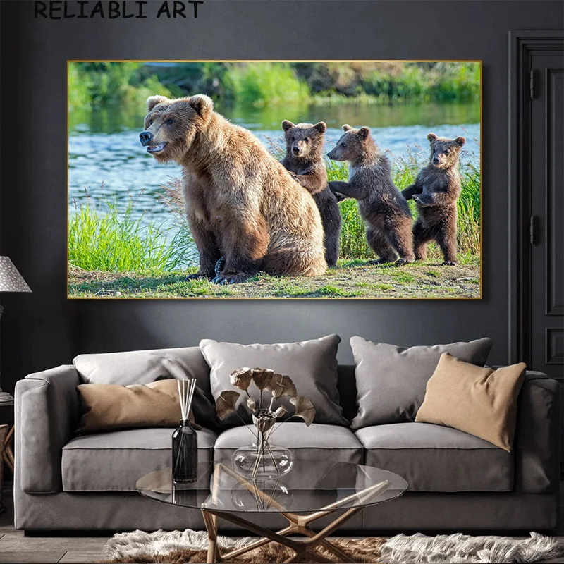 Brown Bear Animal Poster and Prints Natural Tree Wall Art Pictures Modern Canvas Painting for Living Room Home Decor No Frame