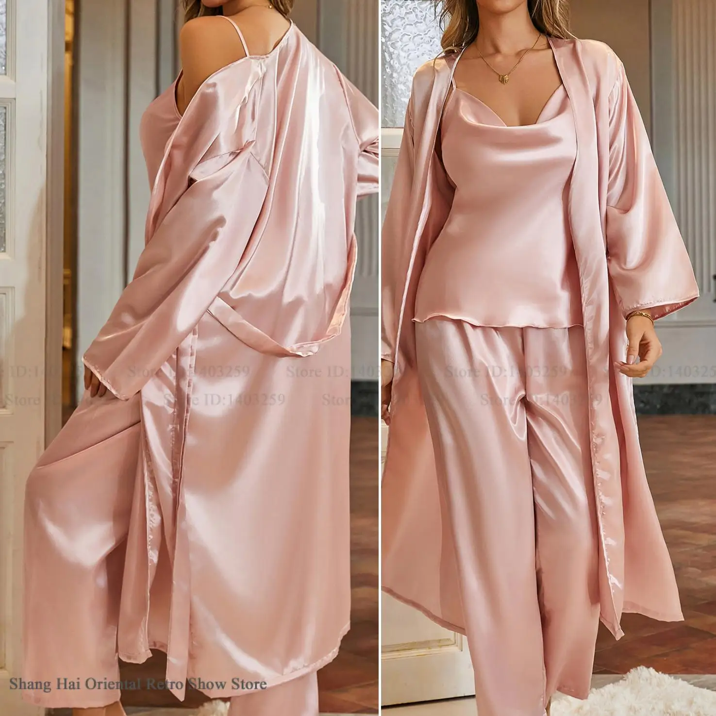 

Новый женский длинный халат, пижамный комплект из 3 предметов, весенне-осенняя одежда для сна из ледяного шелка, домашняя одежда, свободный повседневный халат, домашняя одежда, пижама