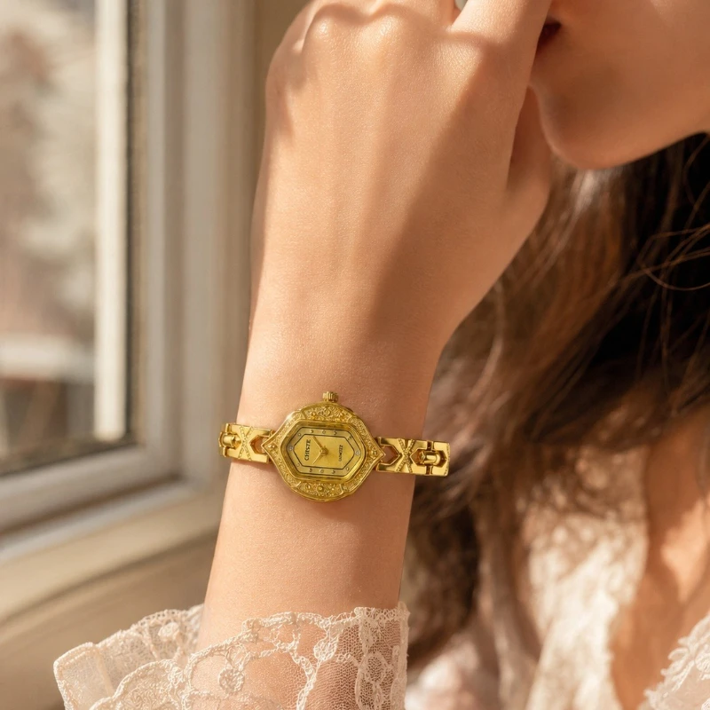 Top Brand Luxury Gold Quartz Watches for Women Polygonal Dial Ladies Bracelet Watch Fashion Elegant Woman Wristwatches Gift
