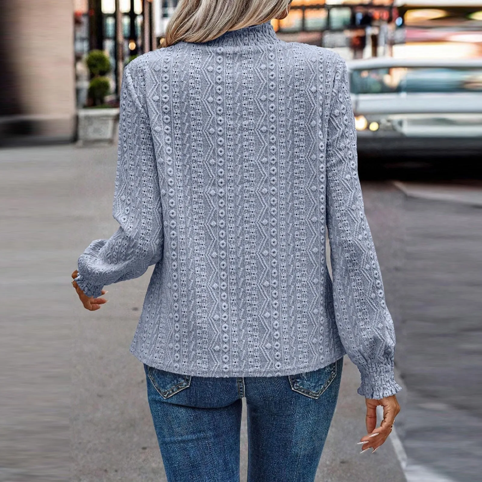 Camicetta da donna floreale jacquard girocollo con volant manica lunga arricciata top moda casual camicia da donna abito alla moda abbigliamento quotidiano