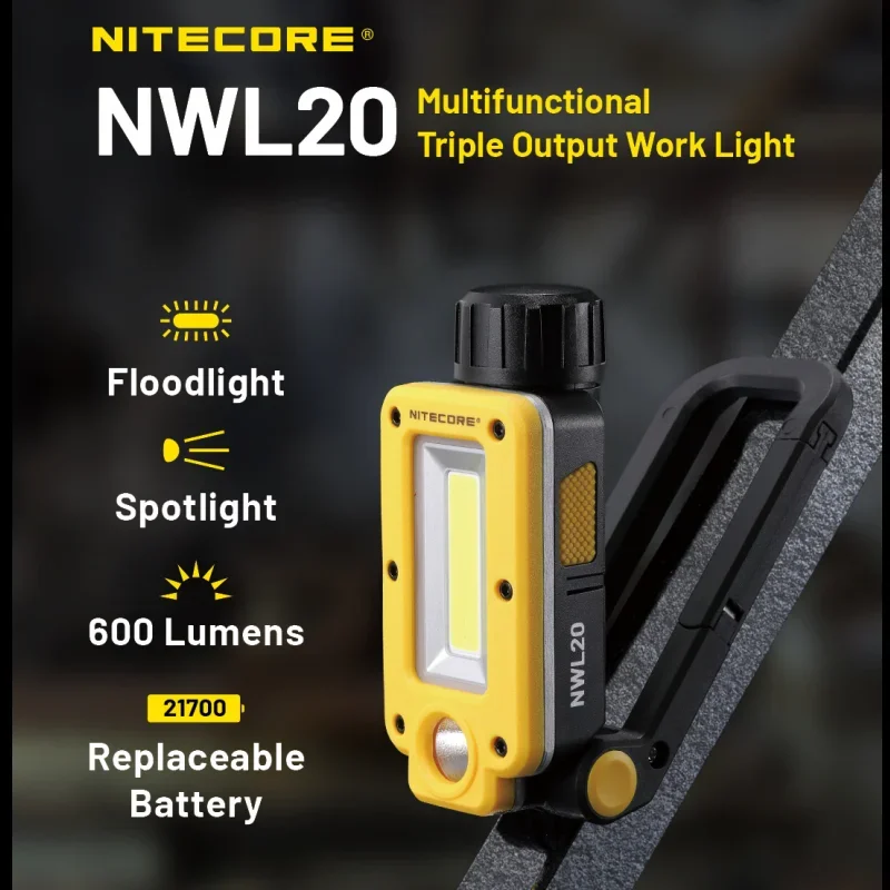 NITECORE NWL20 Multifunctional Triple Output Floodlight Spotligh 600Lumens Rechargeable Include 21700 5000mAh Battery