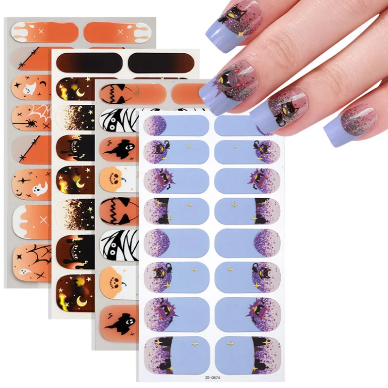 New Halloween Luminous Nail Oil Film Sticker Spider Pumpkin Ghosts Nail Decals Decorations Full Cover Adhesive Press On Nails