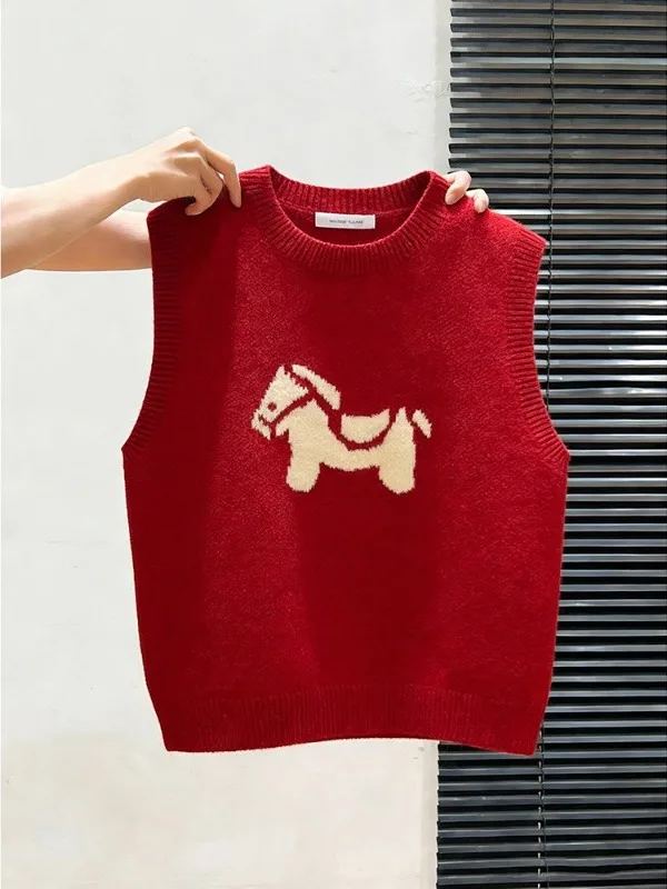 

Красный шерстяной вязаный жилет-свитер женский свободного кроя для многослойных образов, осенне-зимний, модный, с V-образным вырезом, без рукавов