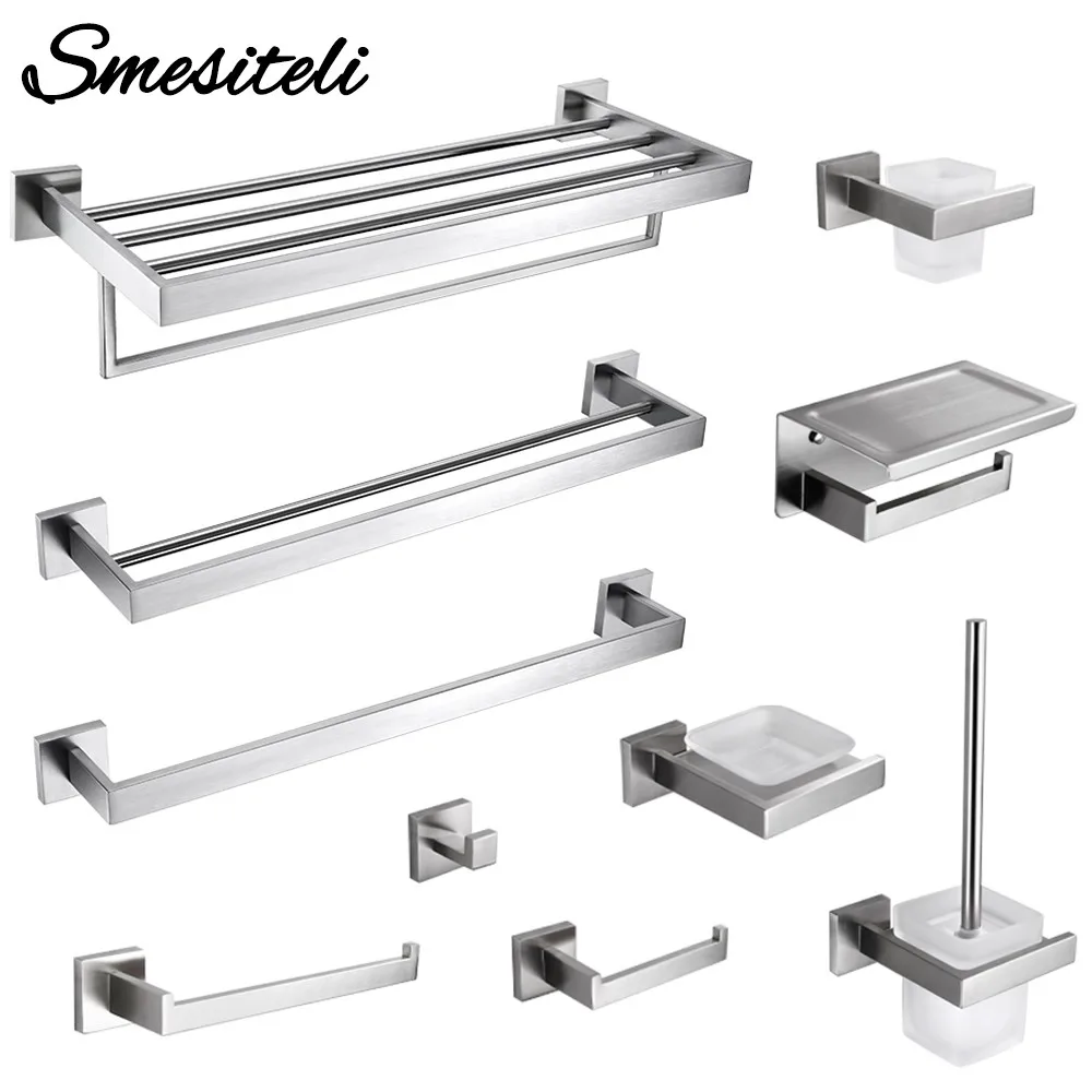 Brushed Nickel Bathroom Accessories Set Wall Mount Bath Shelf Robe Hanger Toilet Paper Holder Towel Bar Rack Stainless Steel