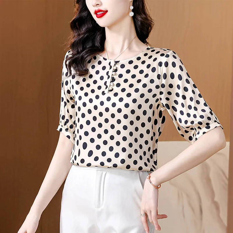 Women Clothing Fashion Polka Dot Print Chiffon Blouses Summer Elegant Chic O-neck Short Sleeve Shirts Loose Pullovers M-3XL