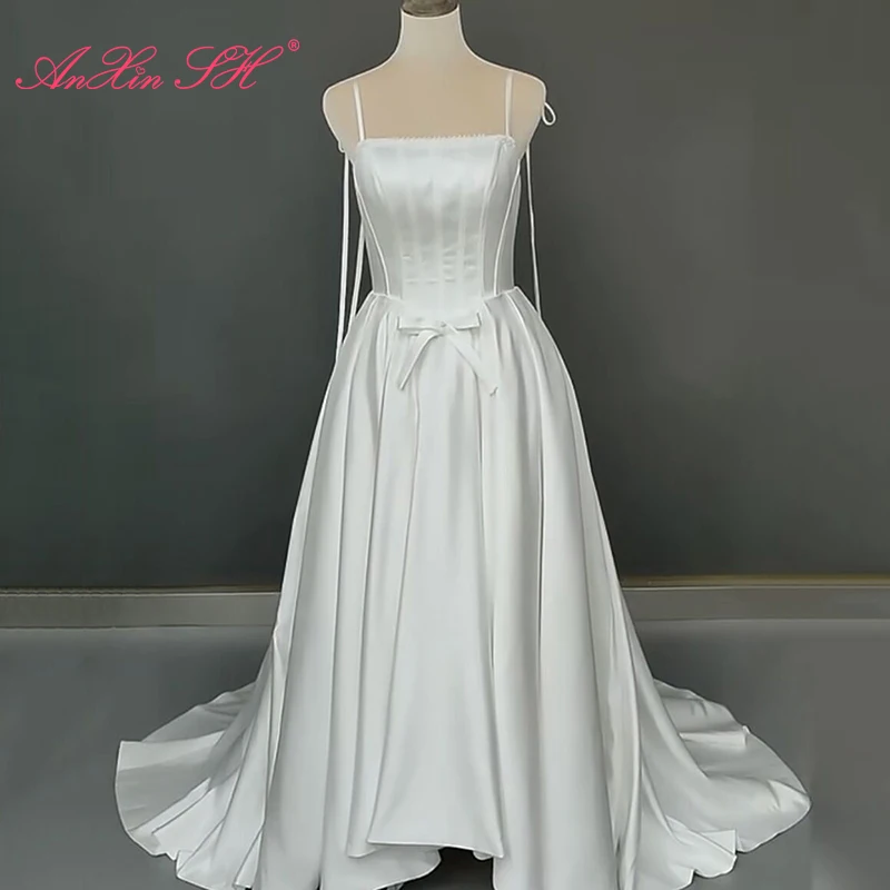 

Винтажное белое кружевное свадебное платье AnXin SH в стиле ретро, платье с длинным рукавом, оборками и бисером, свадебное платье для путешествий и невесты