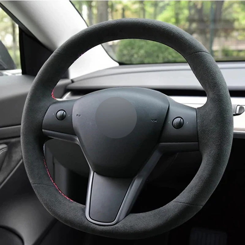 

Alcantara Real Leather Steering Wheel Cover Red Thread Hand Sew Steering Wheel Wrap Car Accessoires for Tesla MODEL 3 MODEL Y