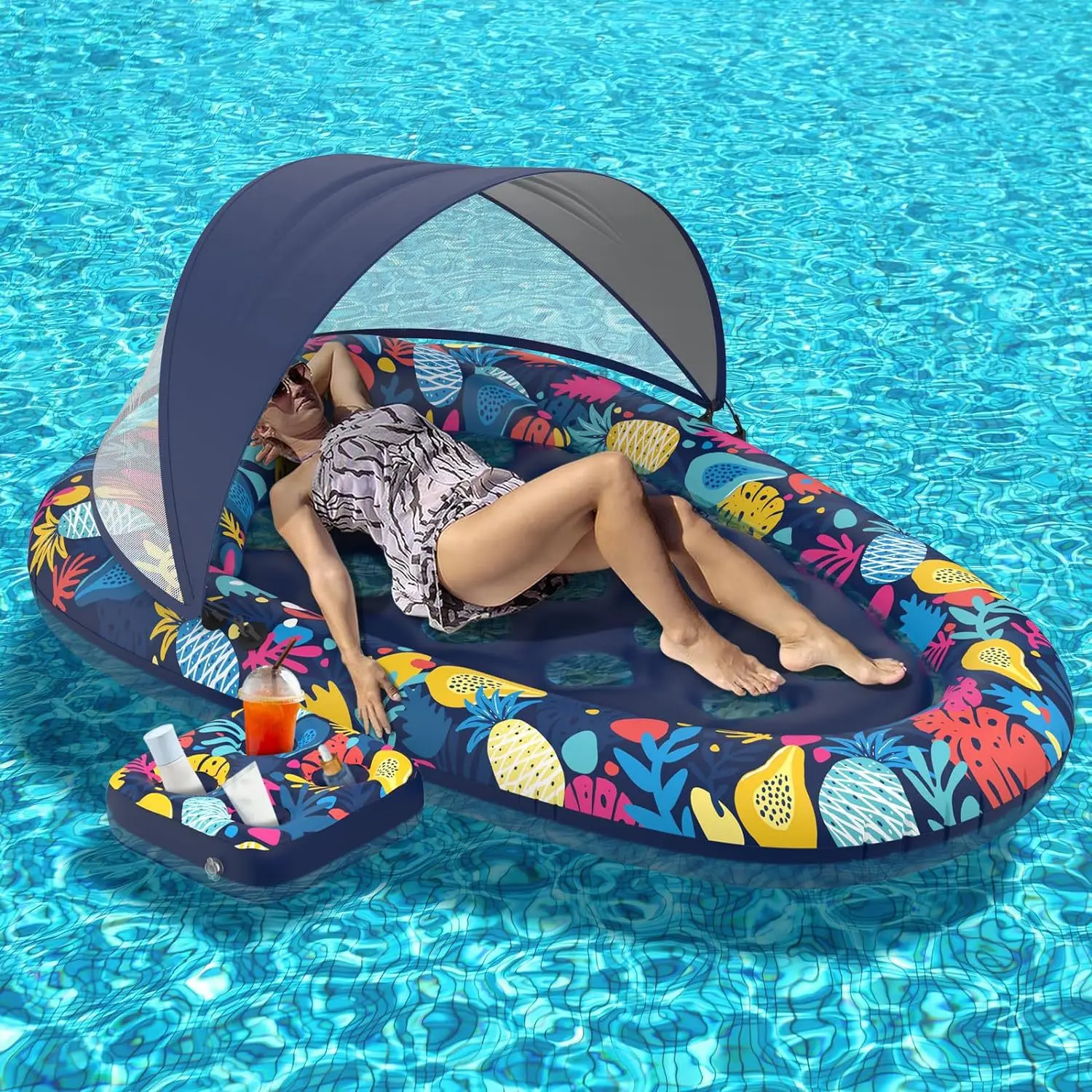 

PVC Inflatable Floating Bed With Sunshade Three Piece 2024 Summer Outdoor Foldable Water Hammock Swimming Pool Party Mattress