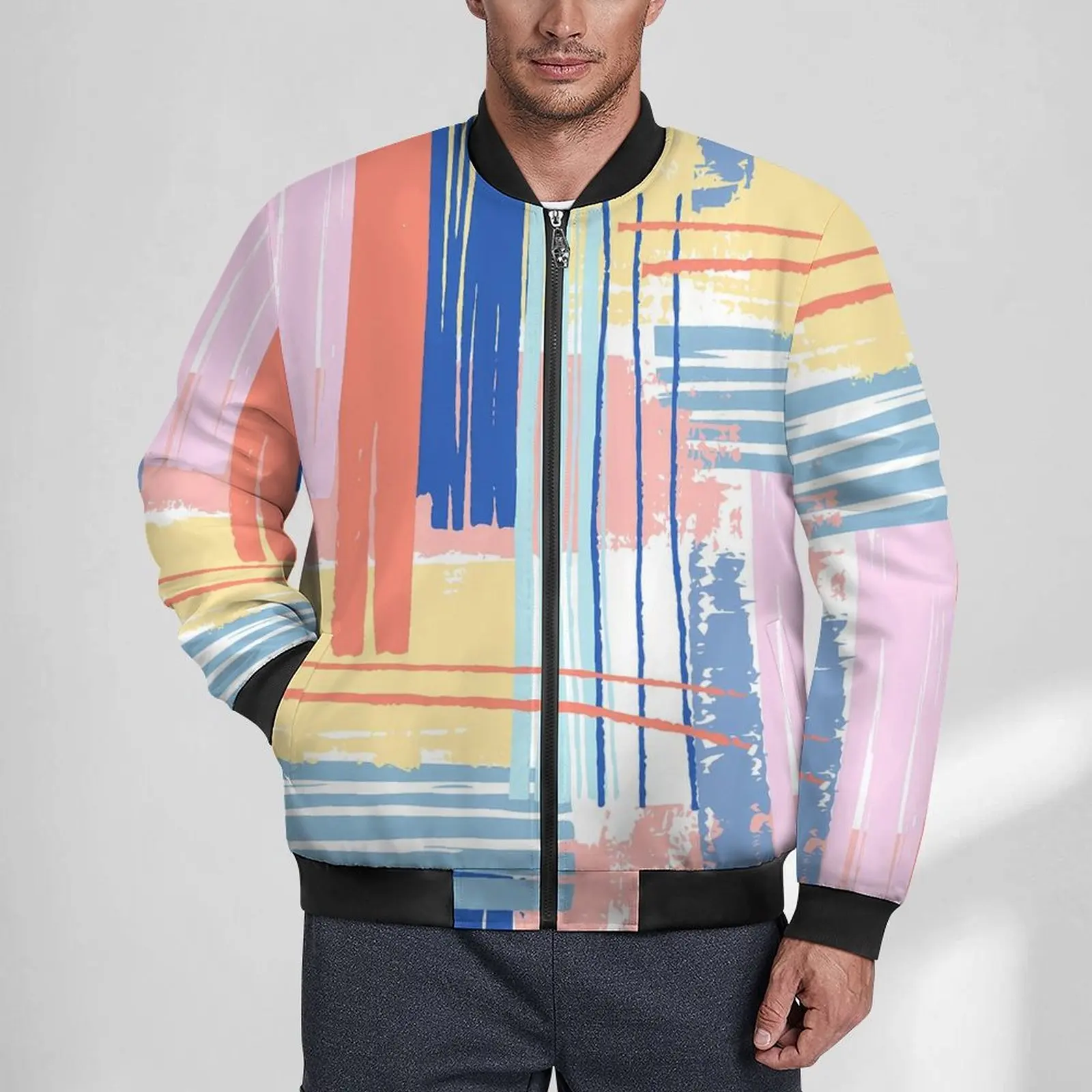 Colorful Brush Jackets Autumn Pink Yellow Stripes Street Wear Casual Coats Men Hooded Loose Windbreakers Design Oversized Jacket