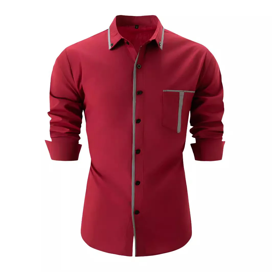 

2024 Spring and Autumn pocket color Matching long-sleeved shirt Men's Office lapel long-Sleeved top