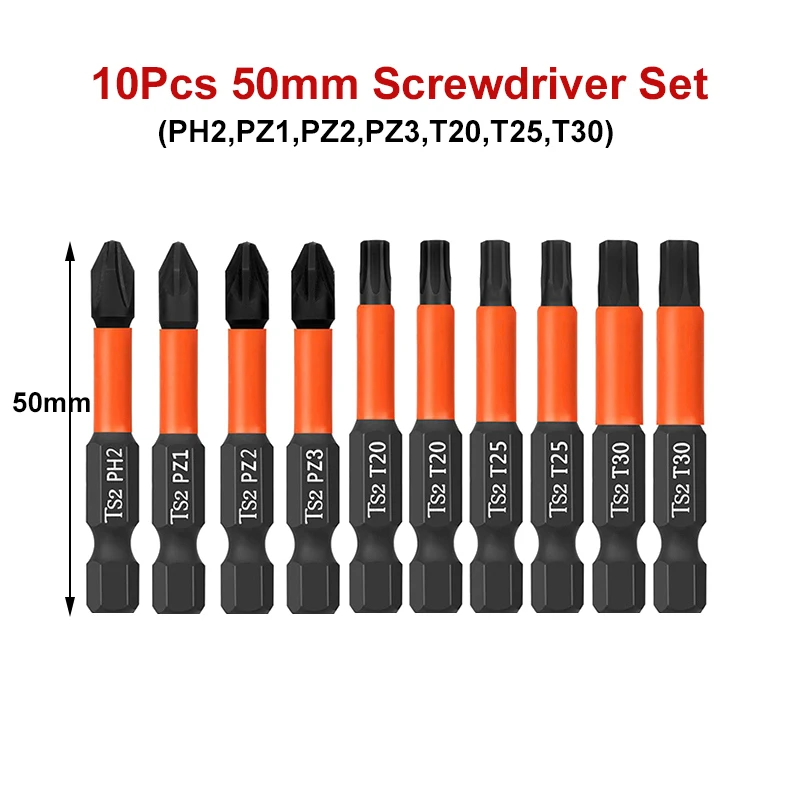 

50mm Screwdriver Set Magnetic Pozidriv Torx Cross Head Drill Bits S2 Steel 1/4 Inch Hex Shank Impact Driver Bit