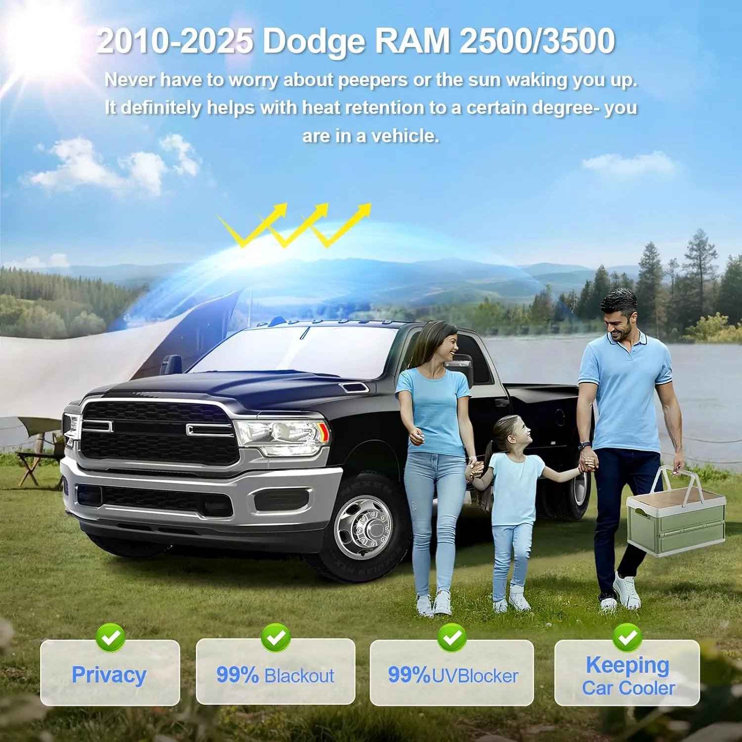 6pcs Car Window Shades for Dodge RAM 2500 3500 2010-2026, UV Blocking Sunshade, Privacy Protection for Camping