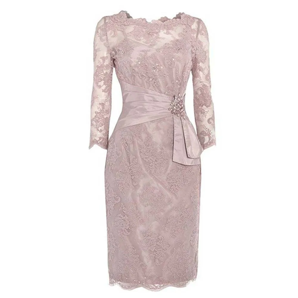 Elegant Lace Overlay Knee-Length Mother of the Bride Dress with Beading Draped Nude Rose Plus Size Wedding Guest Sheath Dress