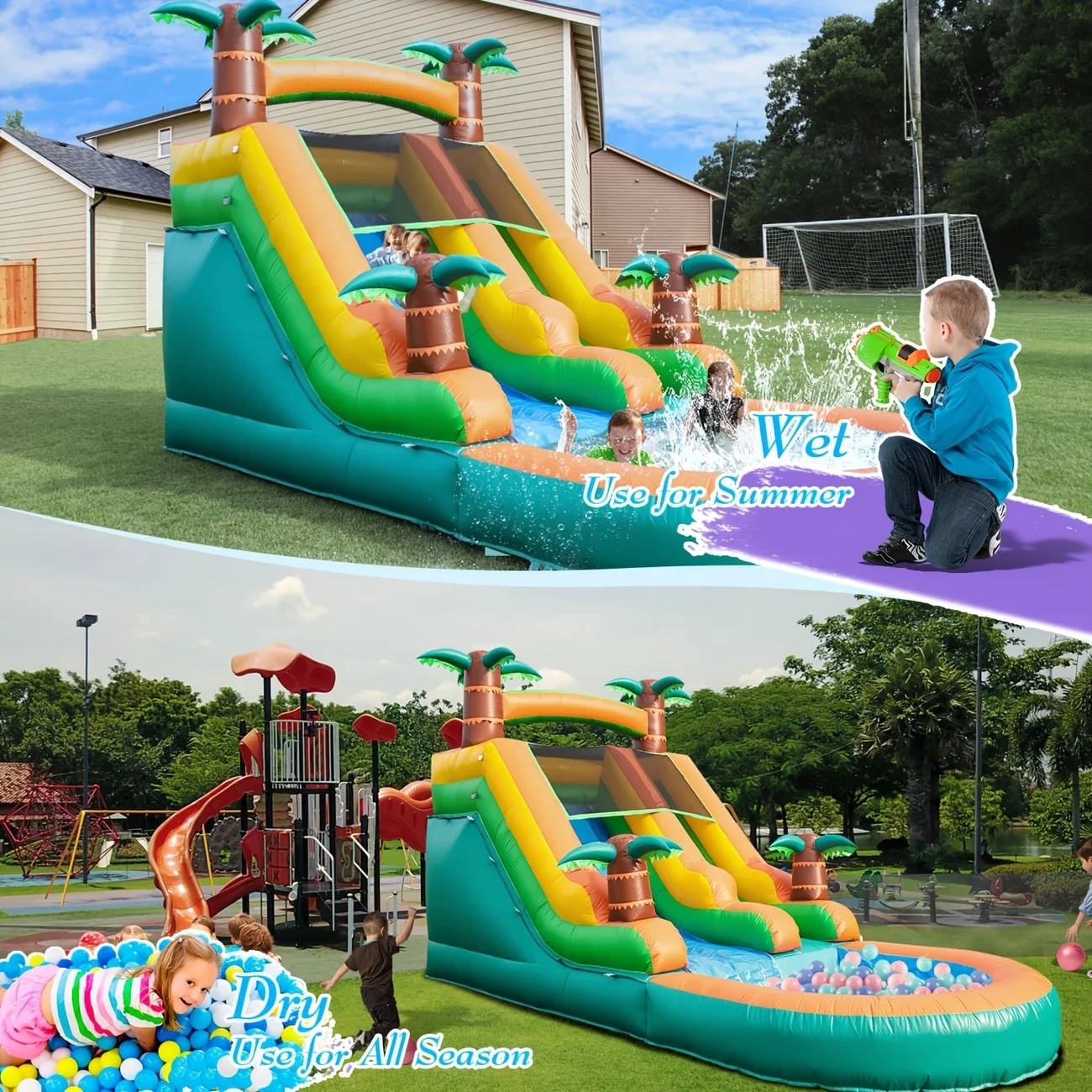 Backyard Inflatable Slides with Splash Pool - Tropical Slides with Water Pool or Ball Pit Bounce House Slides for Kids Outdoor view 4