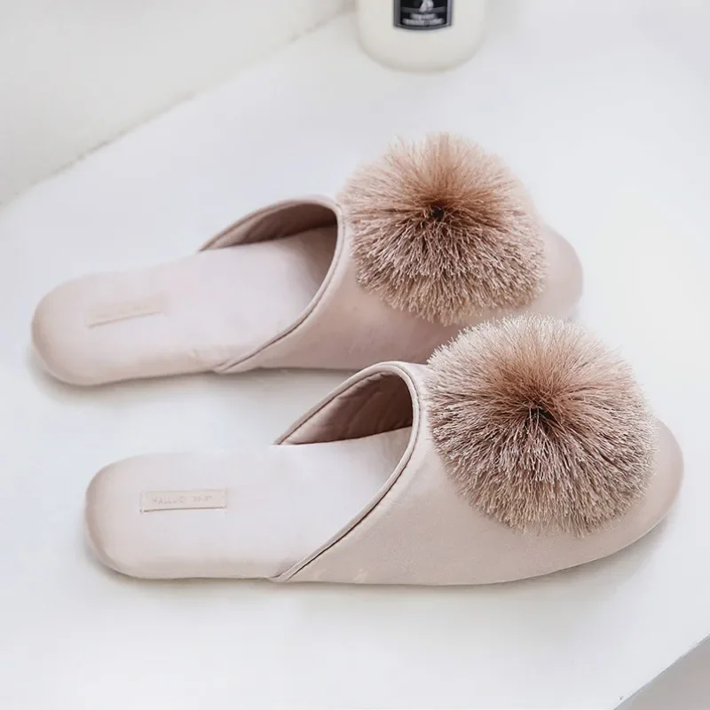 High Quality Elegant Silk Fringe Ball Pink Comfortable Home Slippers Breathable Indoor Mute Non-slip House Shoes Women Slides