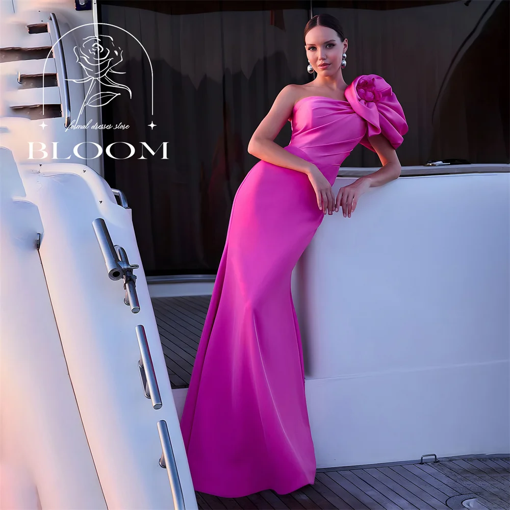 

Bloom Customized One Shoudler Mermaid Formal Gown Flower Floor Length Sleeveless Party Dress Simple Newest Ruffles Newest Design