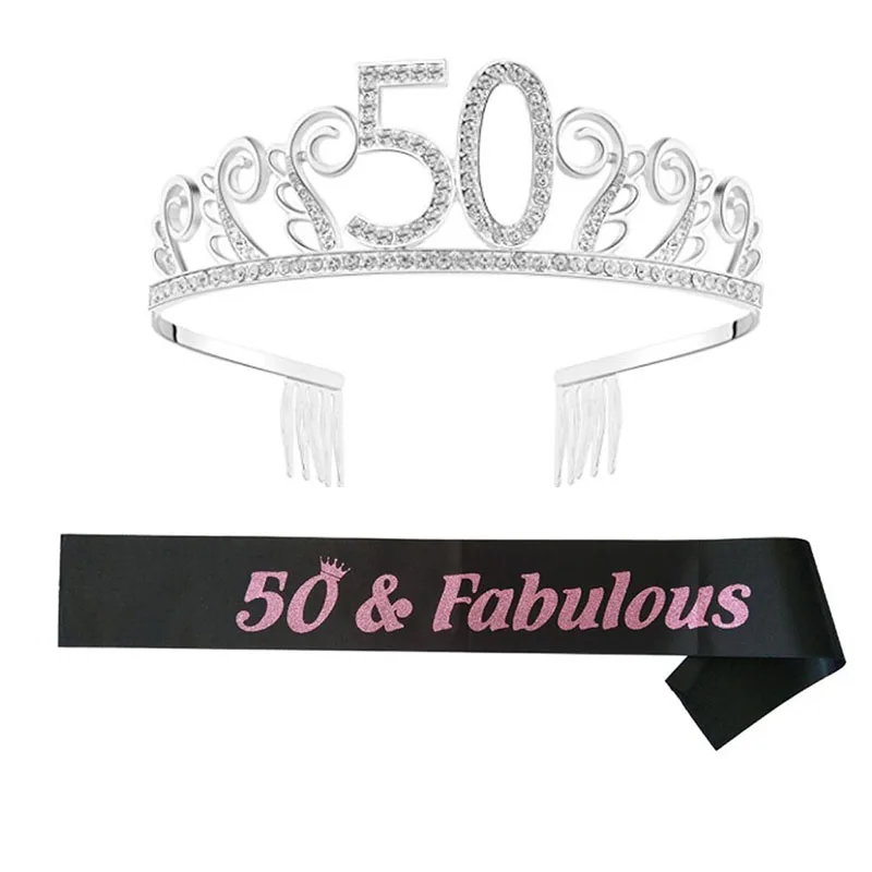 18th Birthday Crown Queen Sash Sparkly Metal Headdress Pink Satin Sash for 60th Birthday Party Supplies Favors