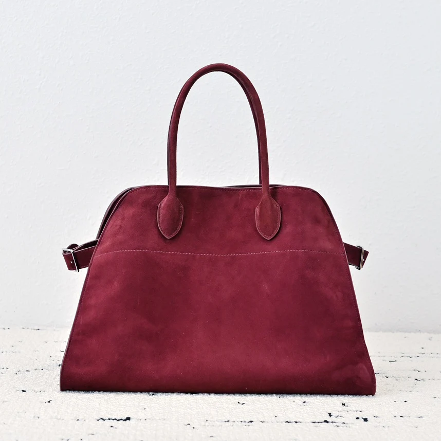 Stylish Real Suede Leather Margaux15 Bag for Women Wine Red Large Designer Tote Girls Trendy Daily Handbag Size 10 12 15 17