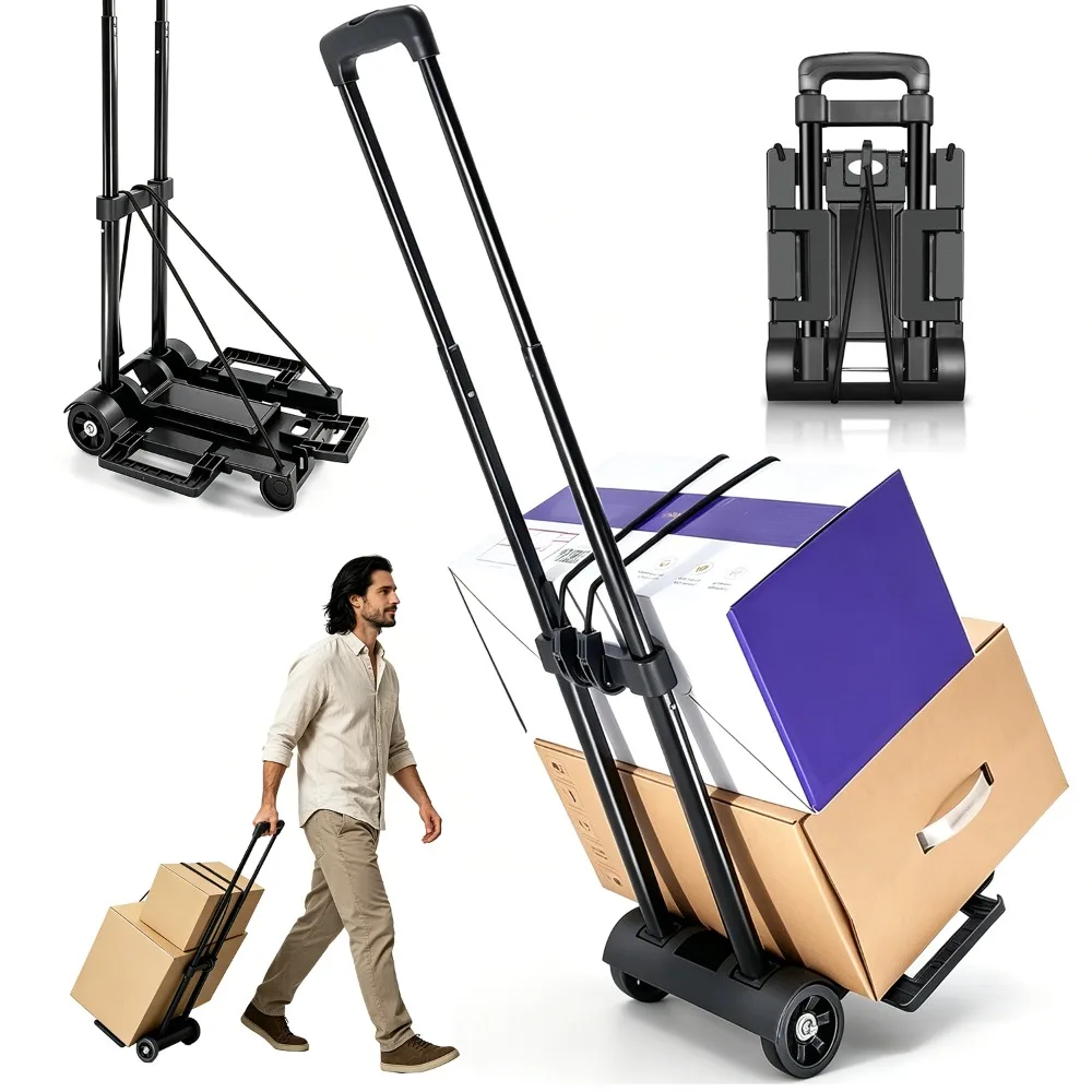 Chariot à main pliable avec base extensible, roues en caoutchouc, 2 cordes élastiques pour le transport de bagages, outils de jardinage