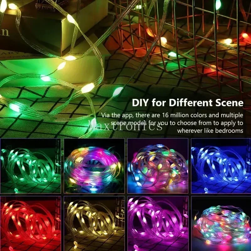 Guirnalda de luces LED RGB para decoración del árbol de Navidad, luces de hadas inteligentes, USB, Bluetooth, aplicación, fiesta de boda, 2M, 5M, 10M