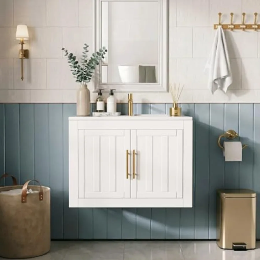 

Подвесная тумба для ванной с раковиной, 24 дюйма, с 2 дверцами и полками для хранения, современный деревянный шкаф