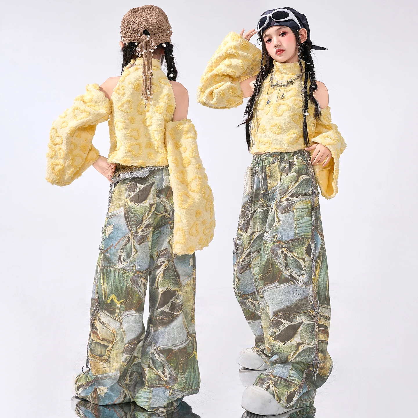 Moda hip-hopowa dla młodzieży, cekinowe crop topy, spodnie cargo w kamuflażu, zestawy ubrań K-pop dla dziewcząt, kostiumy jazzowe dla dzieci, odzież uliczna dla dzieci.