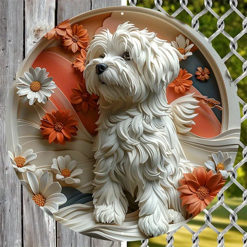 

Aluminum Metal Art Sign, Bohemian Hippie Themed, Maltese Dog Wreath Logo, Perfect Valentines Dorm Decor, Multipurpose Gift