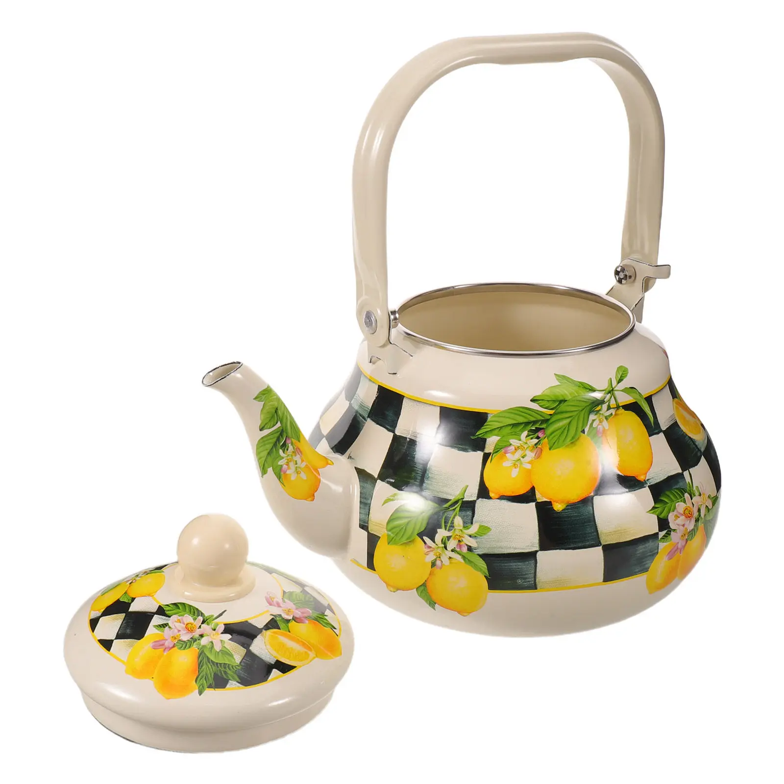 Vintage Checkered Enamel Tea Kettle Stovetop Lemon Pattern Enameled Steel Teapot 2L Stable Pouring Anti-Scald Handle Kitchen