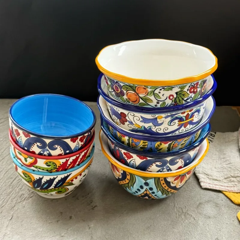 Bohemian Style Ceramic Noodles Bowl Kitchen Dining Table Hand-painted Soup Bowl Vegetable Bowl Craft Home Decoration Accessories