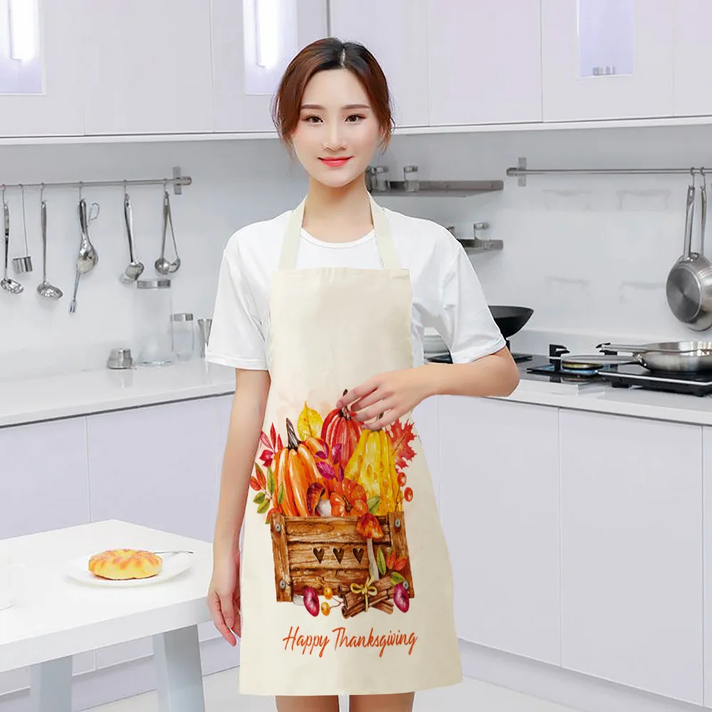 1Pc Kitchen Aprons for Women Cotton Linen Bibs Household Home Autumn Thanks Giving Home Cooking Baking Waist Bib Pinafore