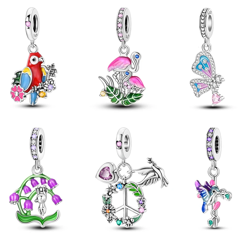 

New 925 Sterling Silver Parrot Butterfly Flamingo Animal Charms Bead Fit Pandora 925 Original Bracelet Fine DIY Birthday Jewelry