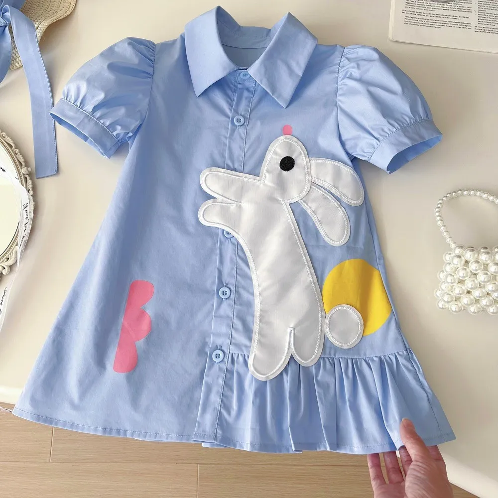 Cartoon Rabbit Print Cute Baby Girl Casual Dresses Summer New Korean Version Blue Lapel Short Sleeved Shirt Dress