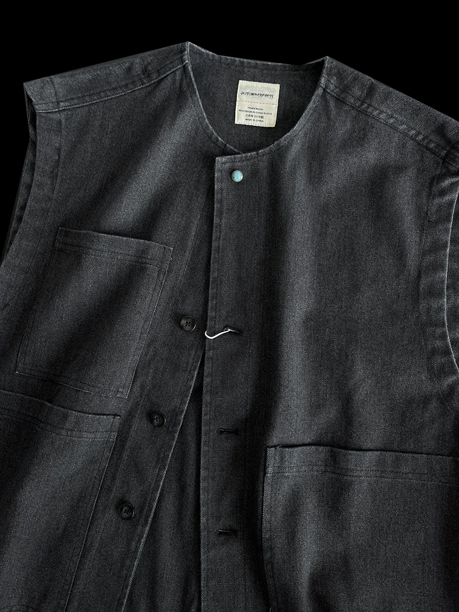 Japan Workwear Vest Luxury Casual Old Money Style Vintage Cotton Multi-Pocket Loose Fit Pearl Canvas Layered Sleeveless Jackets