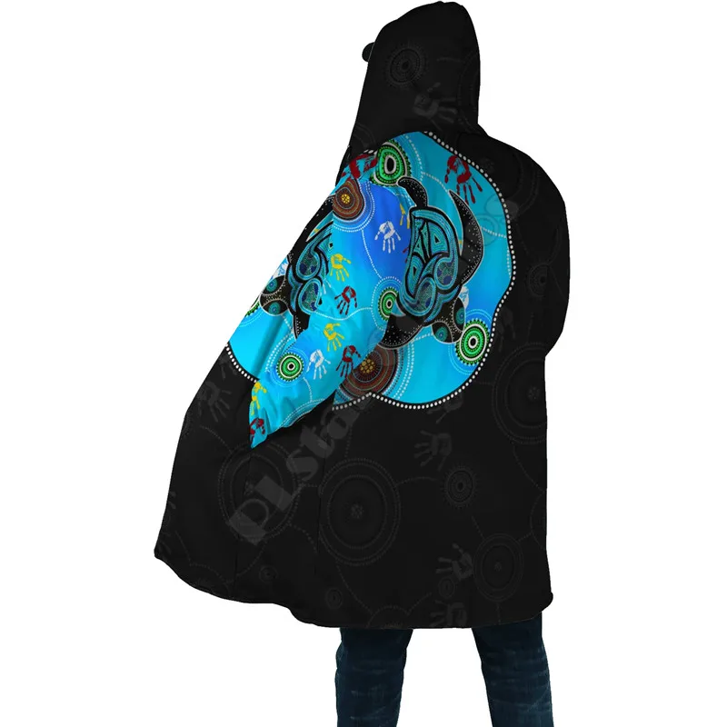 Aboriginal Art Blue Style Turtle Dreaming Paintings 3D Printed Hoodie Cloak Men Women Winter Fleece Wind Breaker Warm Cloak