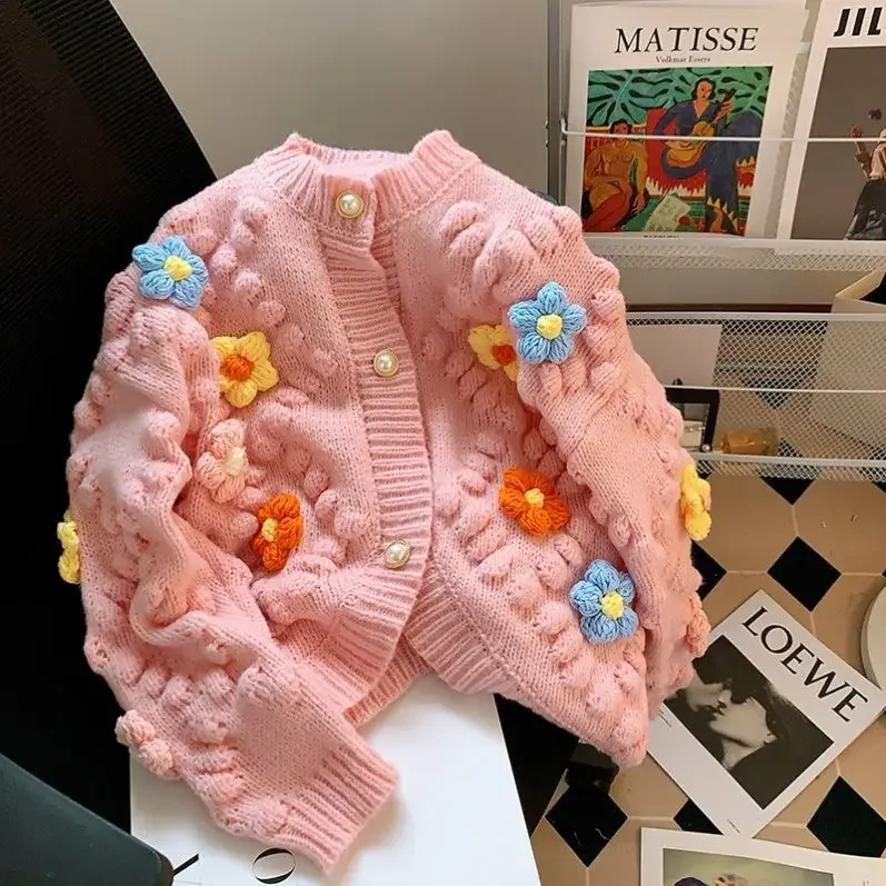 Suéter Kawaii con bordado de flores en 3D para mujer, cárdigan de punto de manga larga con un solo pecho, suéter de Color contrastante, otoño 2024