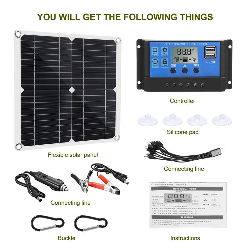 50W Solar Panel 18V Solar Cells Bank Connector Cover With Solar Controller IP65 For Phone Car RV Boat Charger-AA26