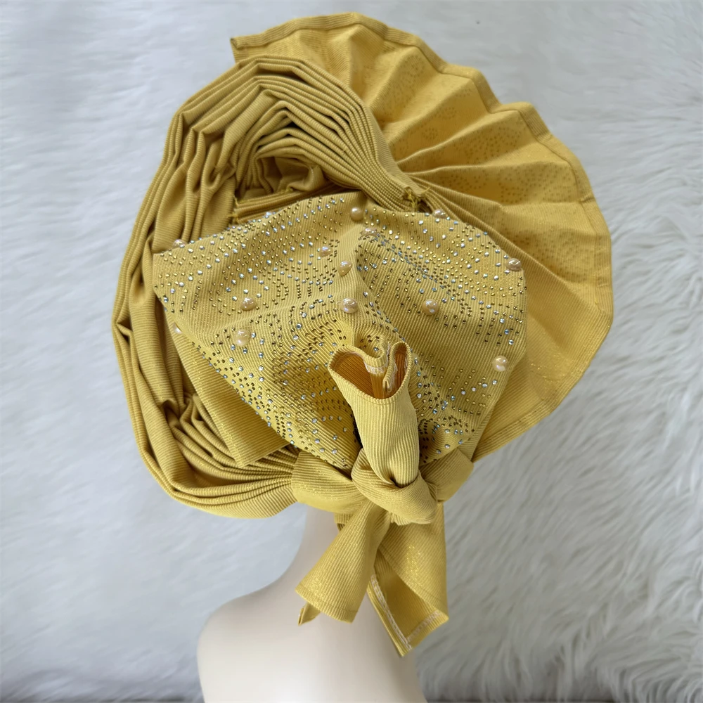 African Gele Headtie Gold Aso Oke Gele With Beads And Stones Auto Gele Aso Ebi Headtie Turban Cap For Women Nigerian