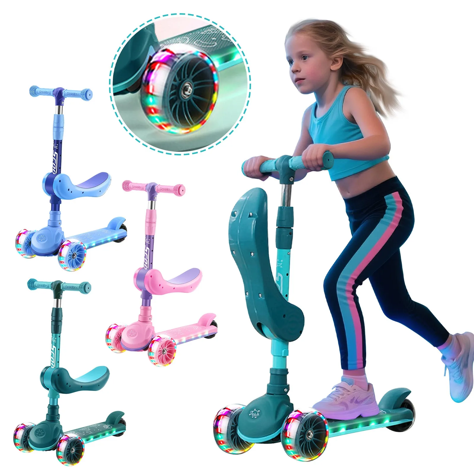 

2-in-1 Kids Kick Scooter With Led Lighted Wheels Adjustable Height Wide Deck 3 Wheel Scooter Sit/stand Child Toddler Outdoor Toy