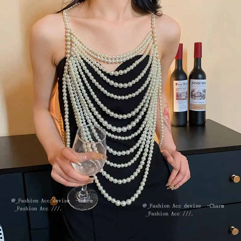 

Multi layer imitation pearl black chain woven pearl layered body chain Exaggerated Heavy Industry Geometric Pearl Body Chain