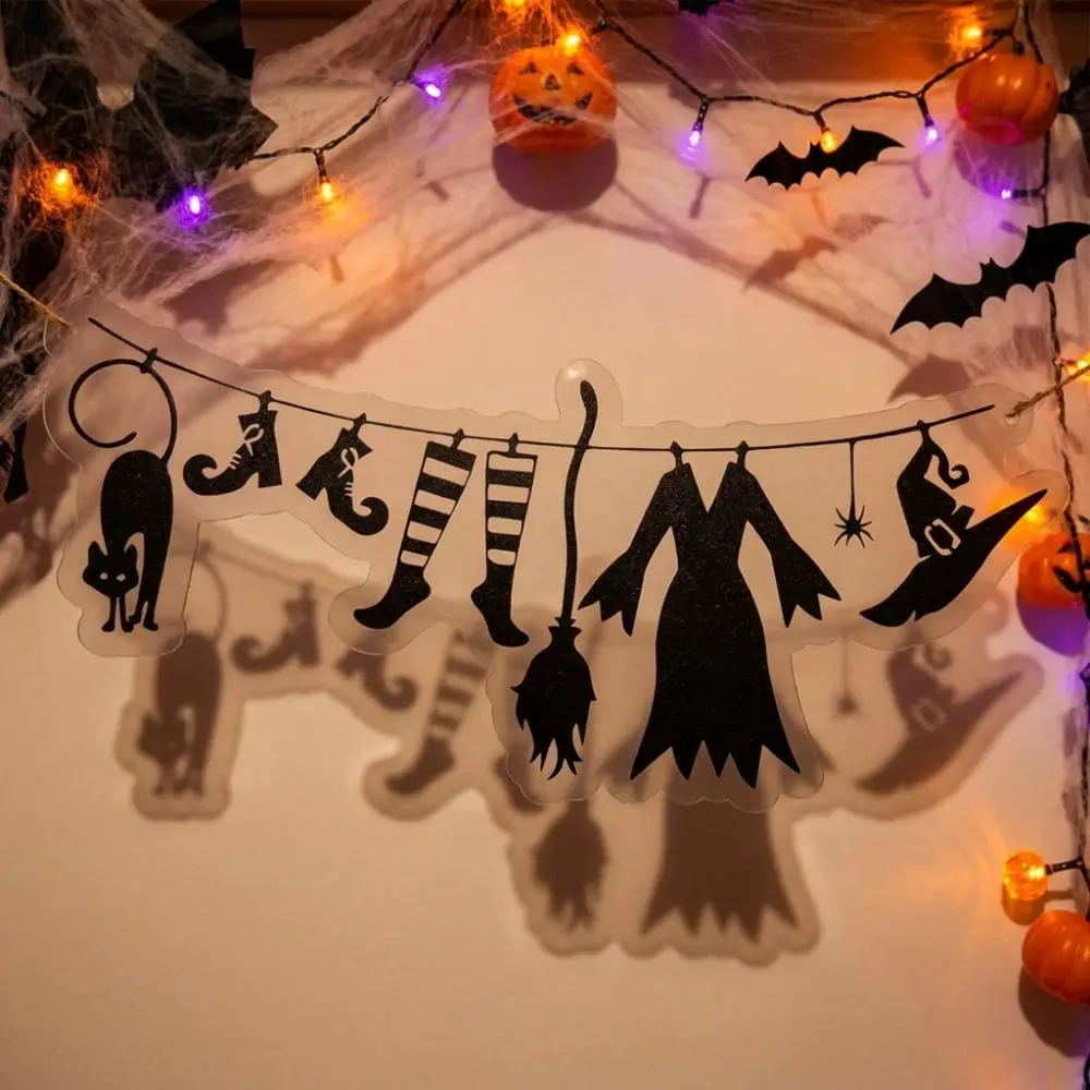 Acrylic Halloween Witch Hat Wall Art Spooky Witch Broom Witch Cloak Hat Party Bunting Minimal Black