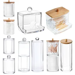 Acrylic Storage Box Bathroom Jar Makeup Organizer Cotton Balls Round Pad Pen Holder Cotton Swab Box Dispenser with Bamboo Lid