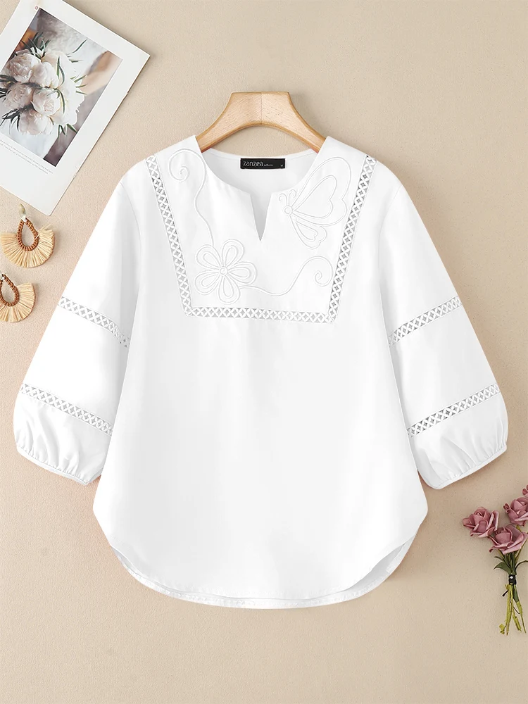 Vrouwen Geborduurde Blouse 2025, ZANZEA Herfst Kanten Overhemd Elegante V-hals 3/4 Mouwen Tops Casual Solid Werk Blusas Mujer Femme
